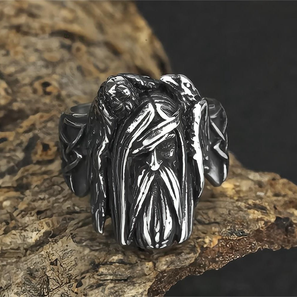 Vintage Antique Finish Stainless Steel Punk Viking Raven Head Ring for Men