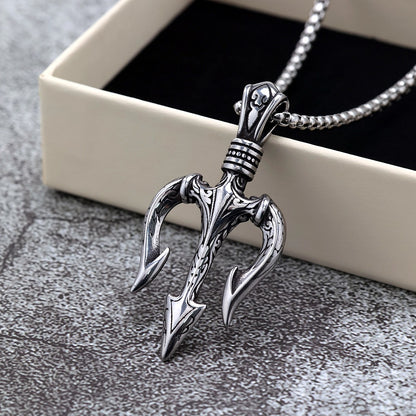 Vintage Stainless Steel 3D Trident Pendant Necklace for Men