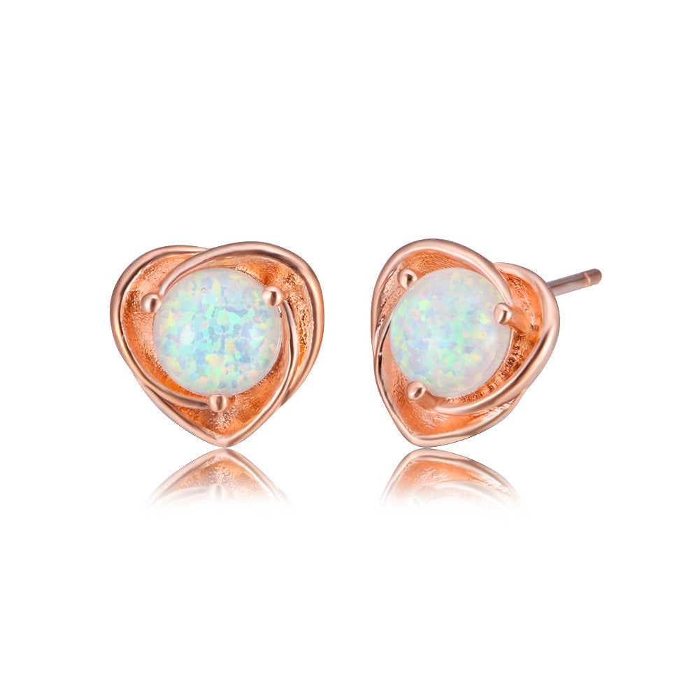 Women's Twisted Heart Shape Blue & White Opal Stud Earrings, White Gold Plating & Rose Gold Plating