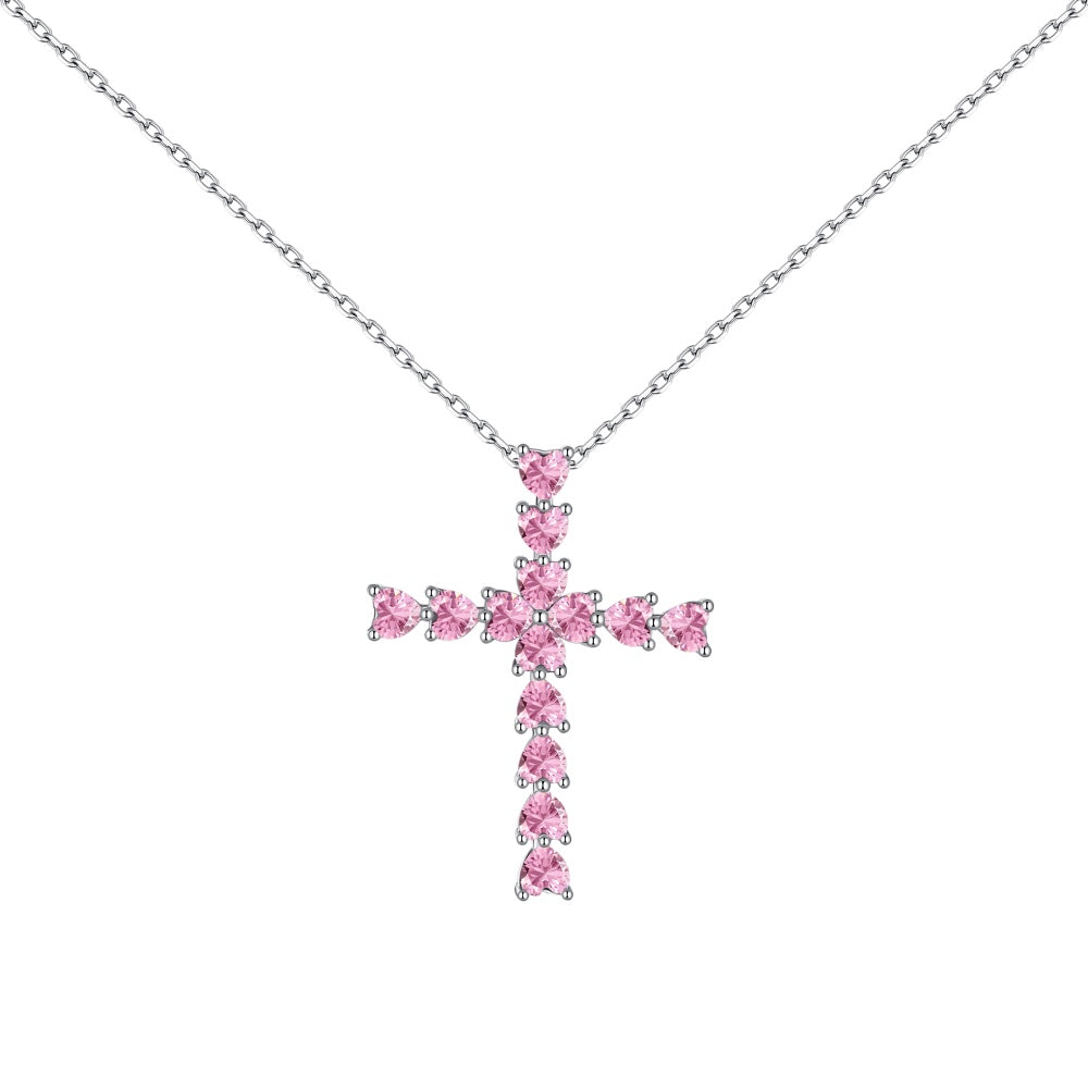 S925  Necklace, Minimalist Cross with White Heart & Pink Heart Zircon