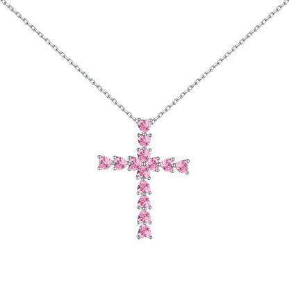 S925  Necklace, Minimalist Cross with White Heart & Pink Heart Zircon