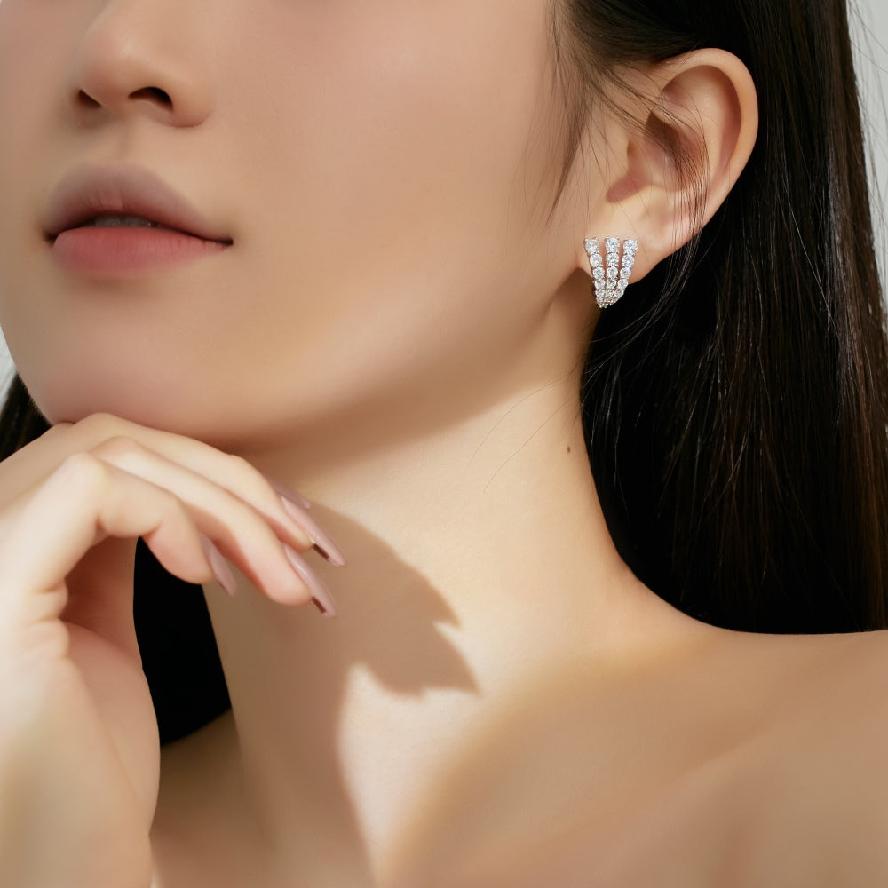 Women's U‑Shape Click Hoop Earrings, 3‑Row Paved Round Zirconia, S925 with White Gold Plating