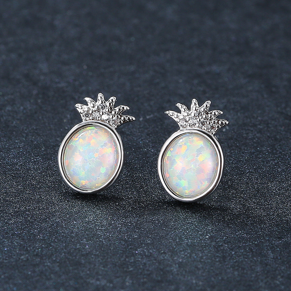 Women's Pineapple Shape Oval Opal Stud Earrings With Round Zirconia Accent, with White Gold Plating
