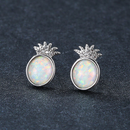 Women's Pineapple Shape Oval Opal Stud Earrings With Round Zirconia Accent, with White Gold Plating
