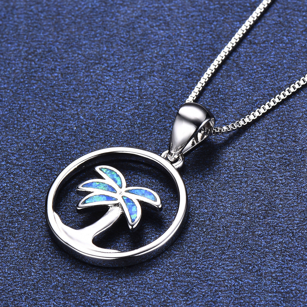 Blue Opal Coconut Tree Pendant Necklace