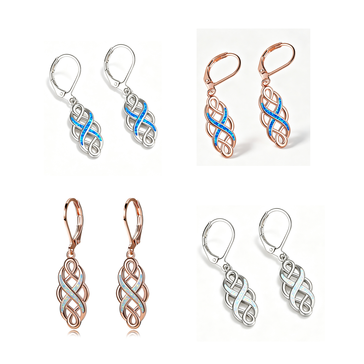 Women's Celtic Knot Hollow Blue & White Opal Leverback Dangle Earrings, White Gold Plating & Rose Gold Plating