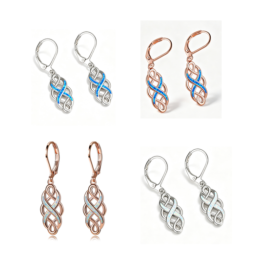 Women's Celtic Knot Hollow Blue & White Opal Leverback Dangle Earrings, White Gold Plating & Rose Gold Plating