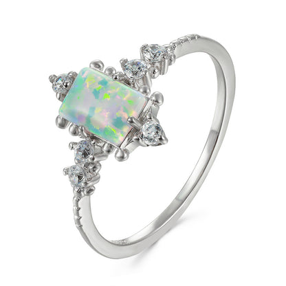 Women's White Gold Plated Rectangle Opal With Zirconia ring