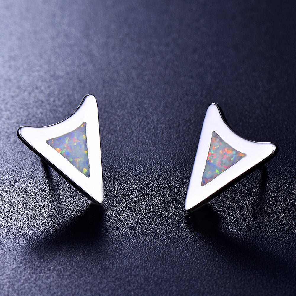 Women's Irregular Triangle Blue & White Opal Bezel Stud Earrings, White Gold Plating