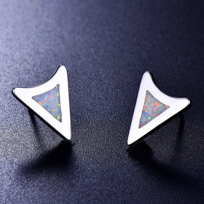 Women's Irregular Triangle Blue & White Opal Bezel Stud Earrings, White Gold Plating