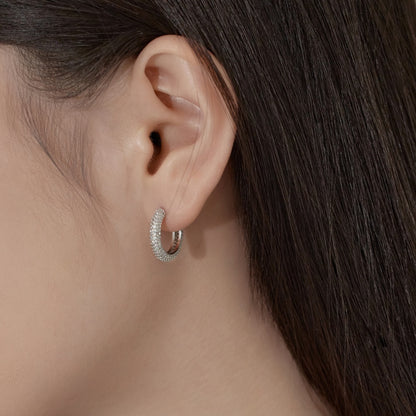 Women's Delicate11mm Round Huggie Earrings, Full Paved Round Zirconia, S925 with White Gold Plating