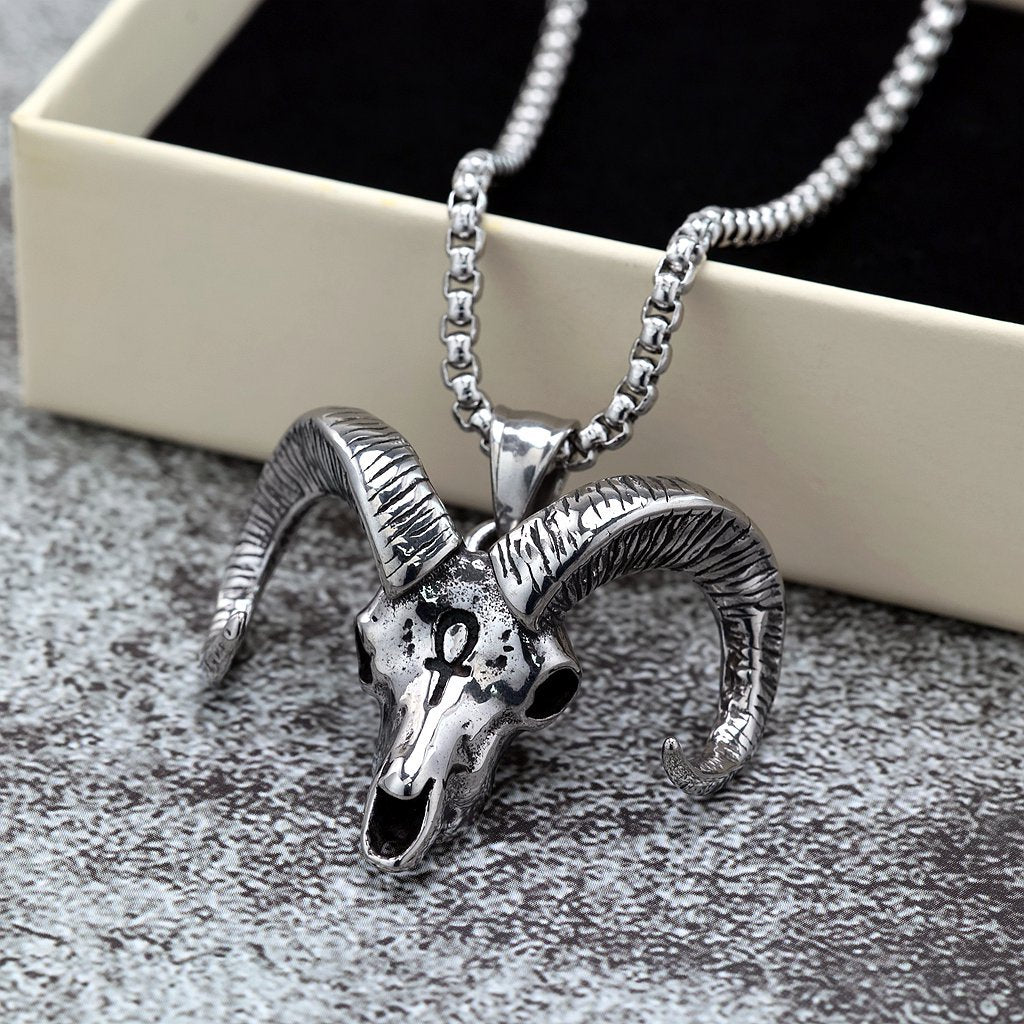Vintage Stainless Steel Goat Head Pendant Necklace for Men
