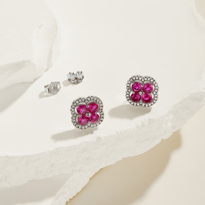 Women's Clover Halo Stud Earrings, Round Fuchsia Sapphire, S925 with White Gold Plating