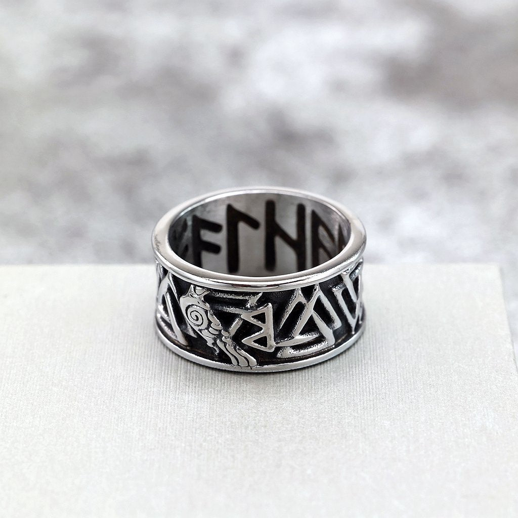Vintage Stainless Steel Viking Rune Crow Carved Ring for Men