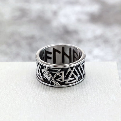 Vintage Stainless Steel Viking Rune Crow Carved Ring for Men