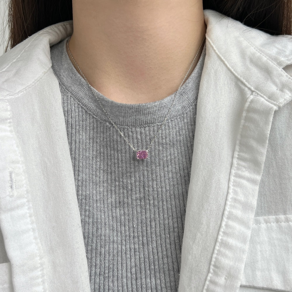 Women's Luxury Pendant Necklace, Rectangle Shape Crushed Ice Cut Pink Sapphire Inlay, S925 with White Gold Plating