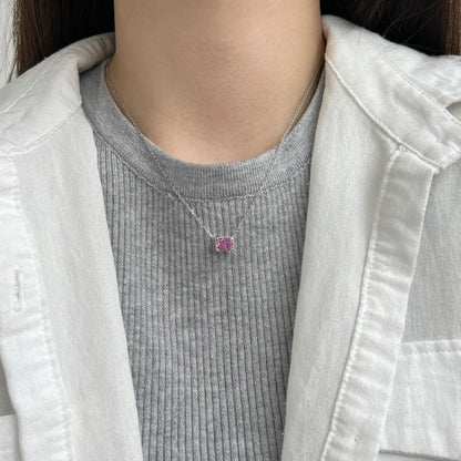 Women's Luxury Pendant Necklace, Rectangle Shape Crushed Ice Cut Pink Sapphire Inlay, S925 with White Gold Plating