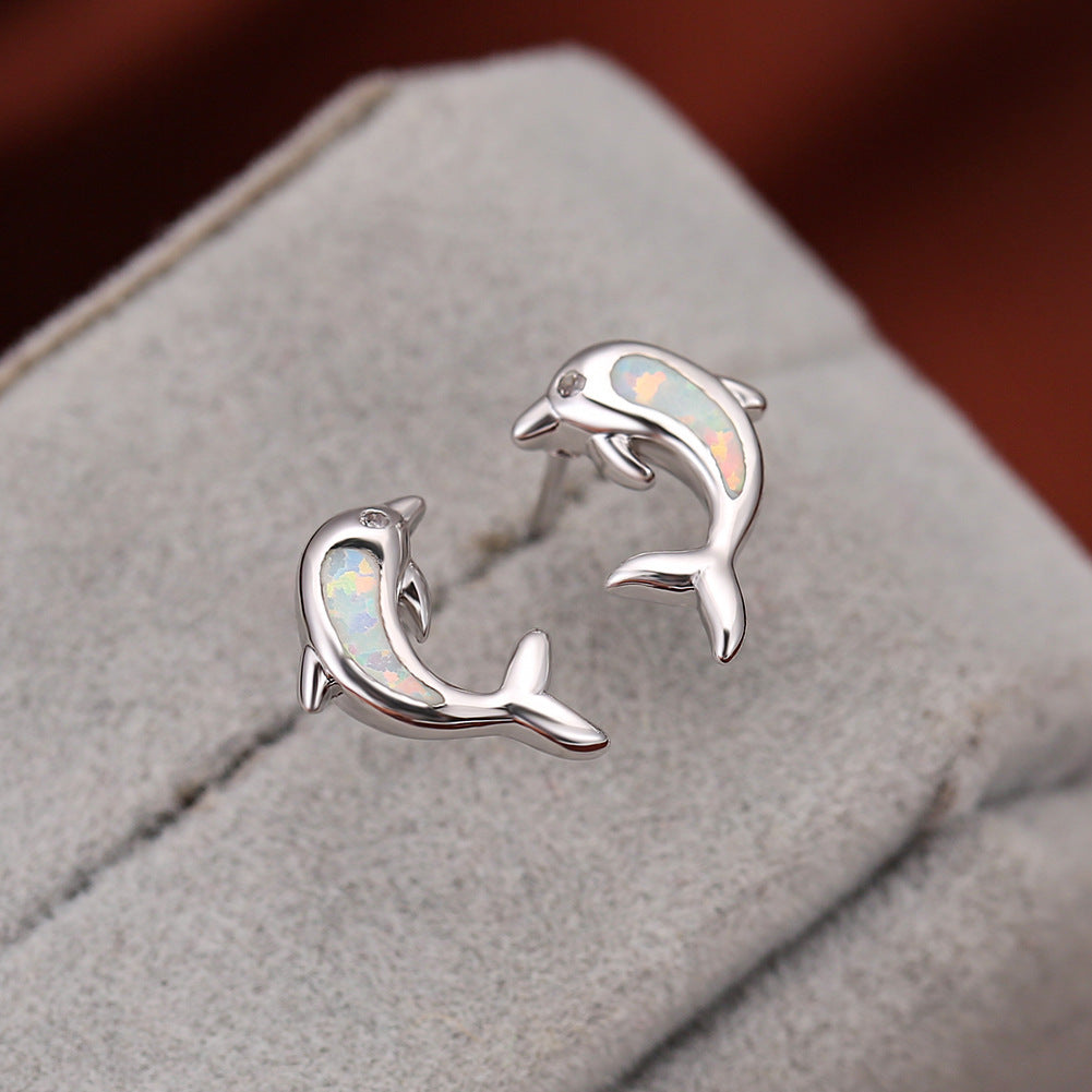 Women's Dolphin‑Shape Curved Blue / White Opal With Zirconia Accent Stud Earrings,