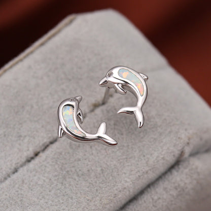 Women's Dolphin‑Shape Curved Blue / White Opal With Zirconia Accent Stud Earrings,