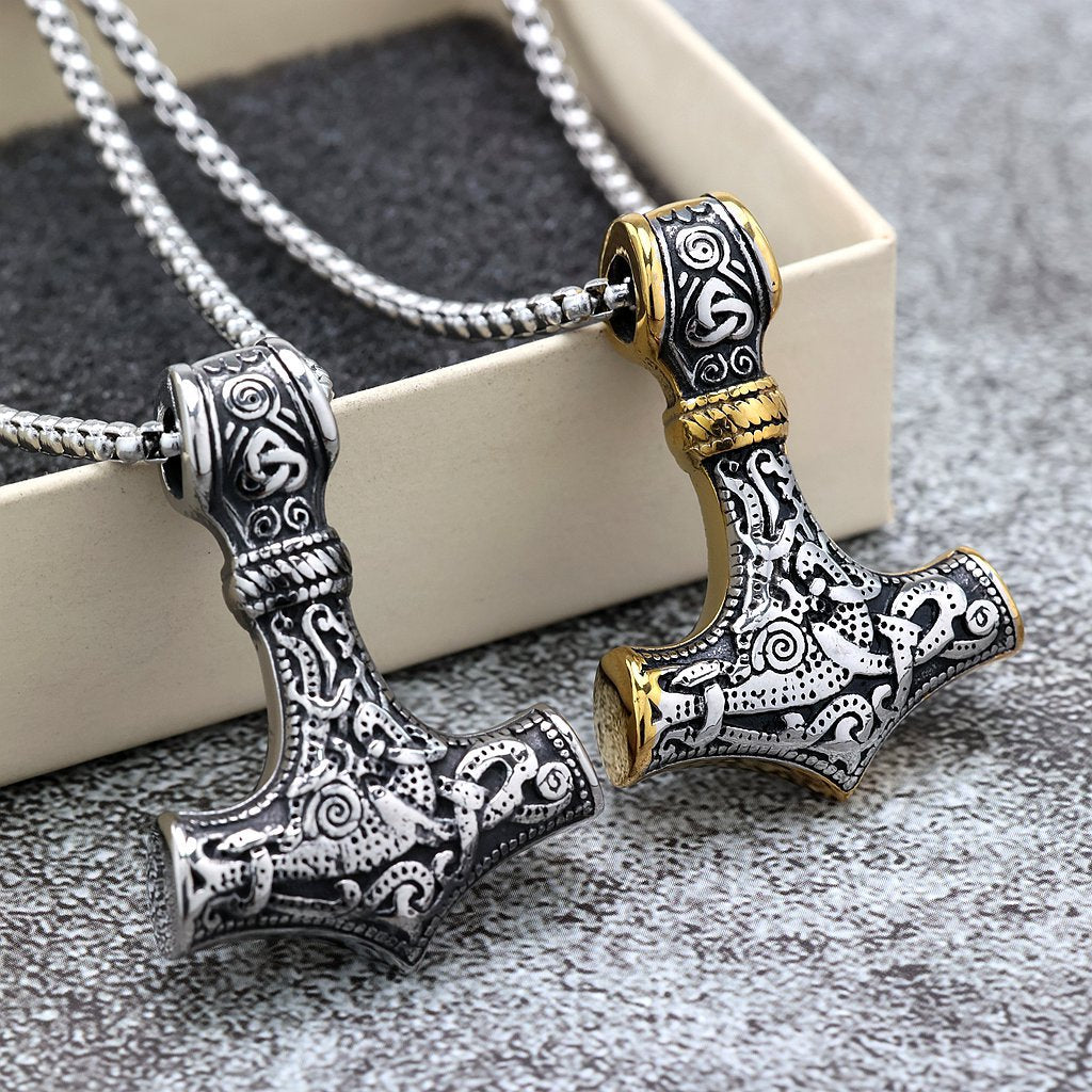 Vintage Stainless Steel Men's Thor's Hammer Pendant Necklace