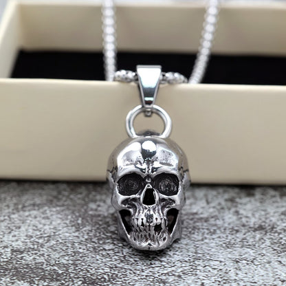 Vintage Stainless Steel Men's Halloween Skull Pendant Necklace