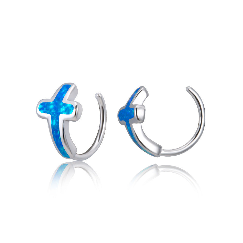 Women's Cross Opal C‑Shape Huggie Hoop Earrings, with White Gold Plating