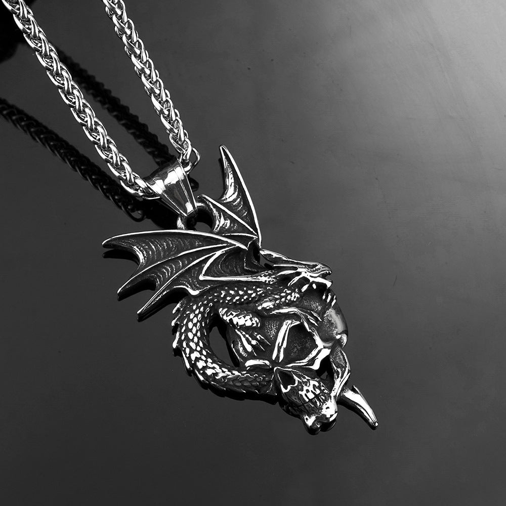 Vintage Stainless Steel Dragon & Skull Pendant Necklace for Men