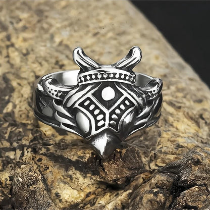 Vintage Solid Stainless Steel Nordic 3D Raven Mask Men's Ring With Viking Rune Wide Band
