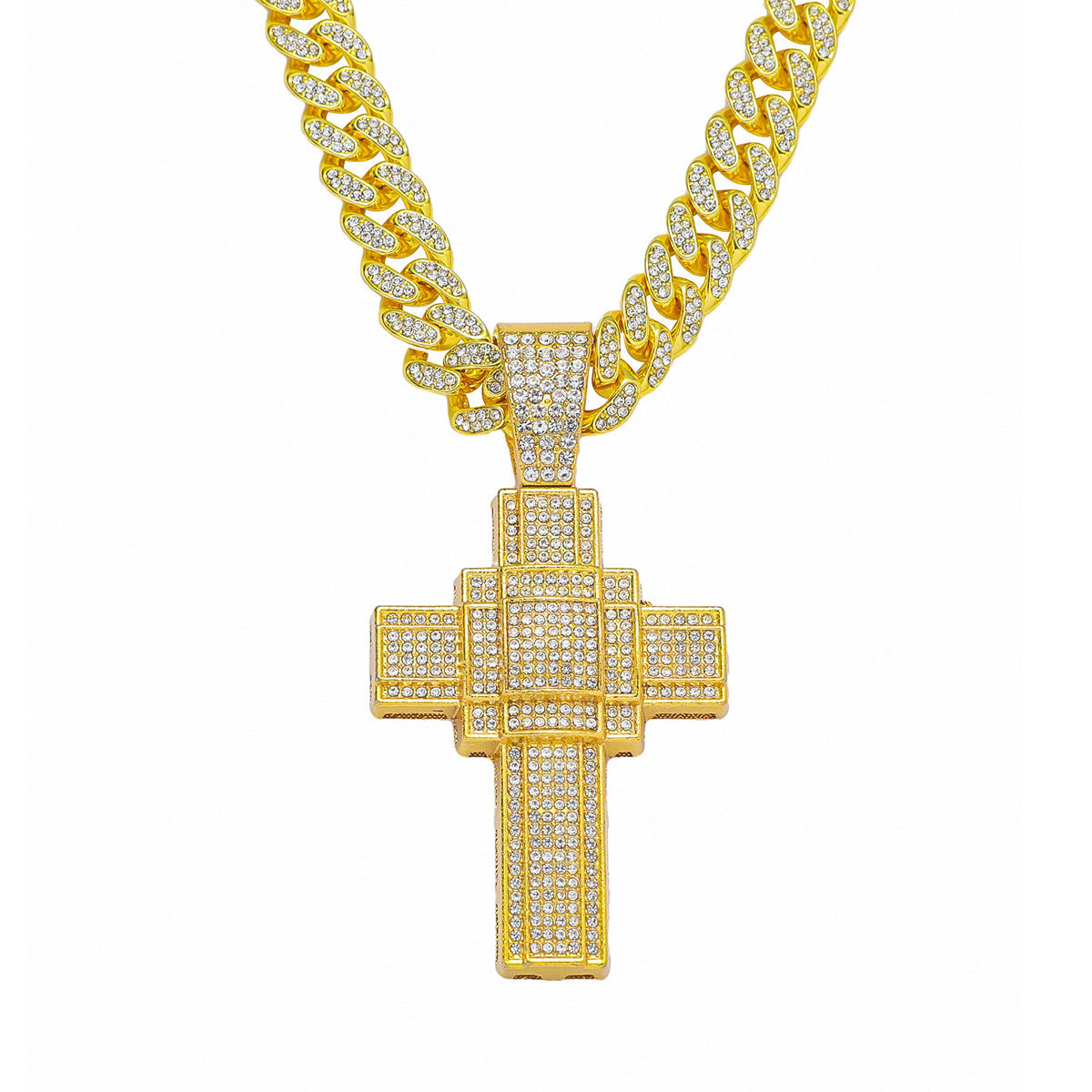 Hip-Hop 3D Zircon-Encrusted Cross Cuban Chain Pendant Necklace