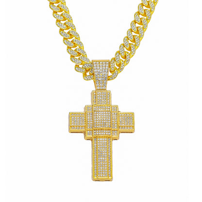 Hip-Hop 3D Zircon-Encrusted Cross Cuban Chain Pendant Necklace
