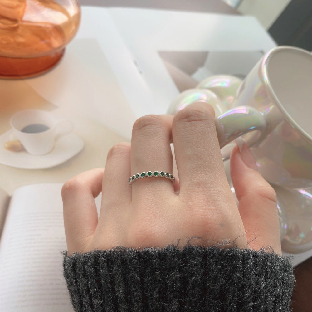 Women's Bezel Set Green Zirconia Row Stone Ring, S925 with White Gold Plating