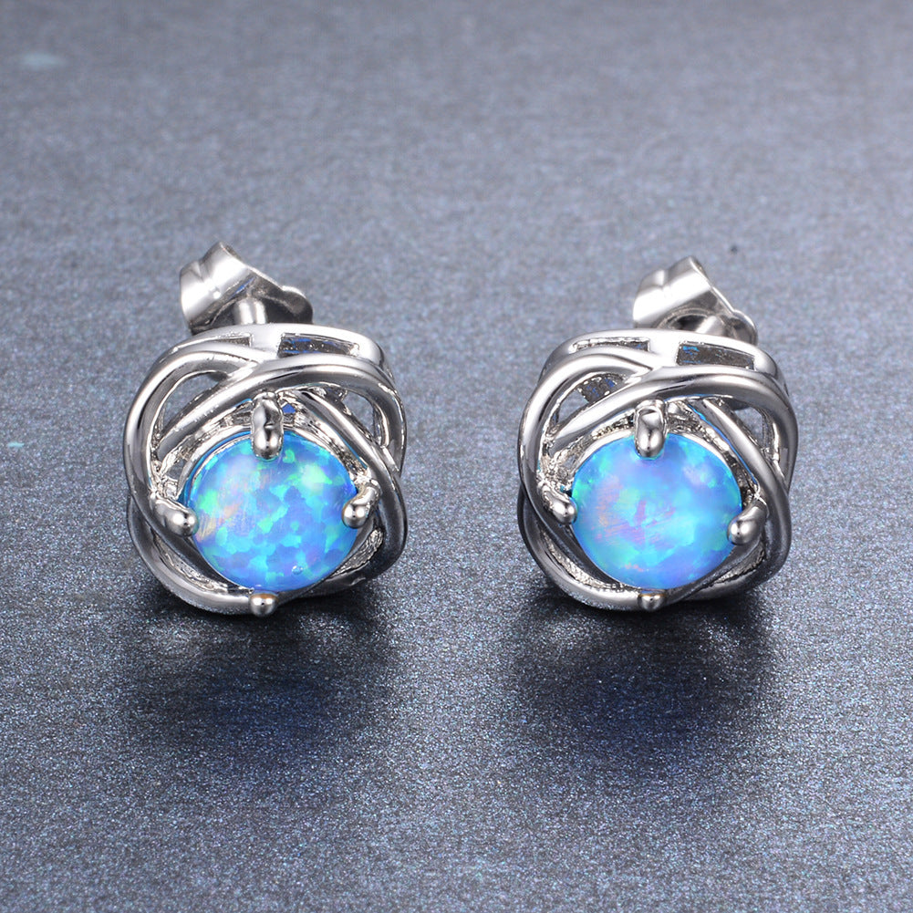Women's Four‑Prong Blue Round Opal Braided Frame Stud Earrings