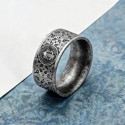 Vintage Stainless Steel Saint Benedict Pattern Exorcist Cross Ring for Men