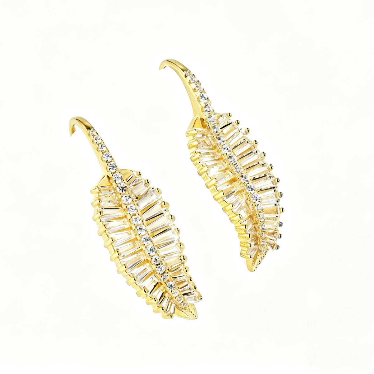 Women's Leaf Shape Drop Earrings, Tapered Baguette Zirconia Paved, S925 with 18K Gold Plating