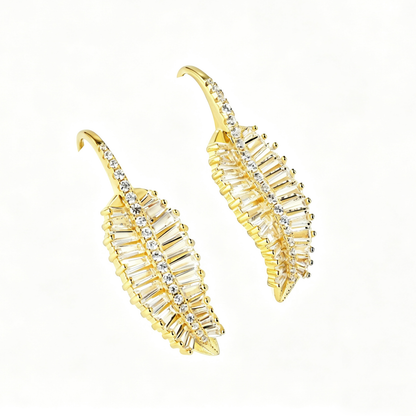 Women's Leaf Shape Drop Earrings, Tapered Baguette Zirconia Paved, S925 with 18K Gold Plating