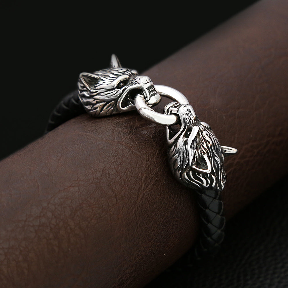 Men's New European Viking Wolf Head Titanium Steel Handmade Leather Cord Bracelet, Creative Personality Wristband Bangle