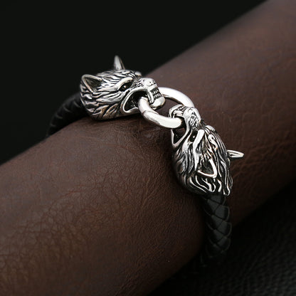 Men's New European Viking Wolf Head Titanium Steel Handmade Leather Cord Bracelet, Creative Personality Wristband Bangle