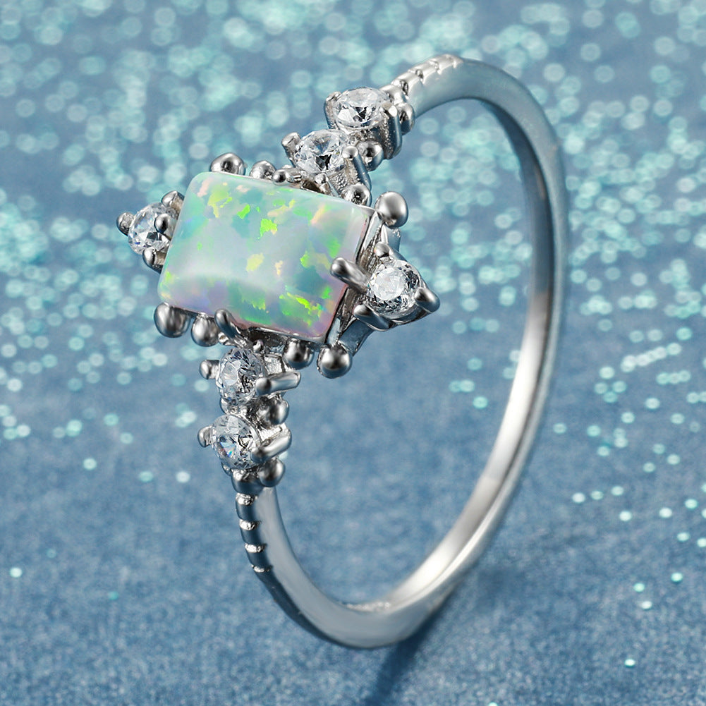Women's White Gold Plated Rectangle Opal With Zirconia ring