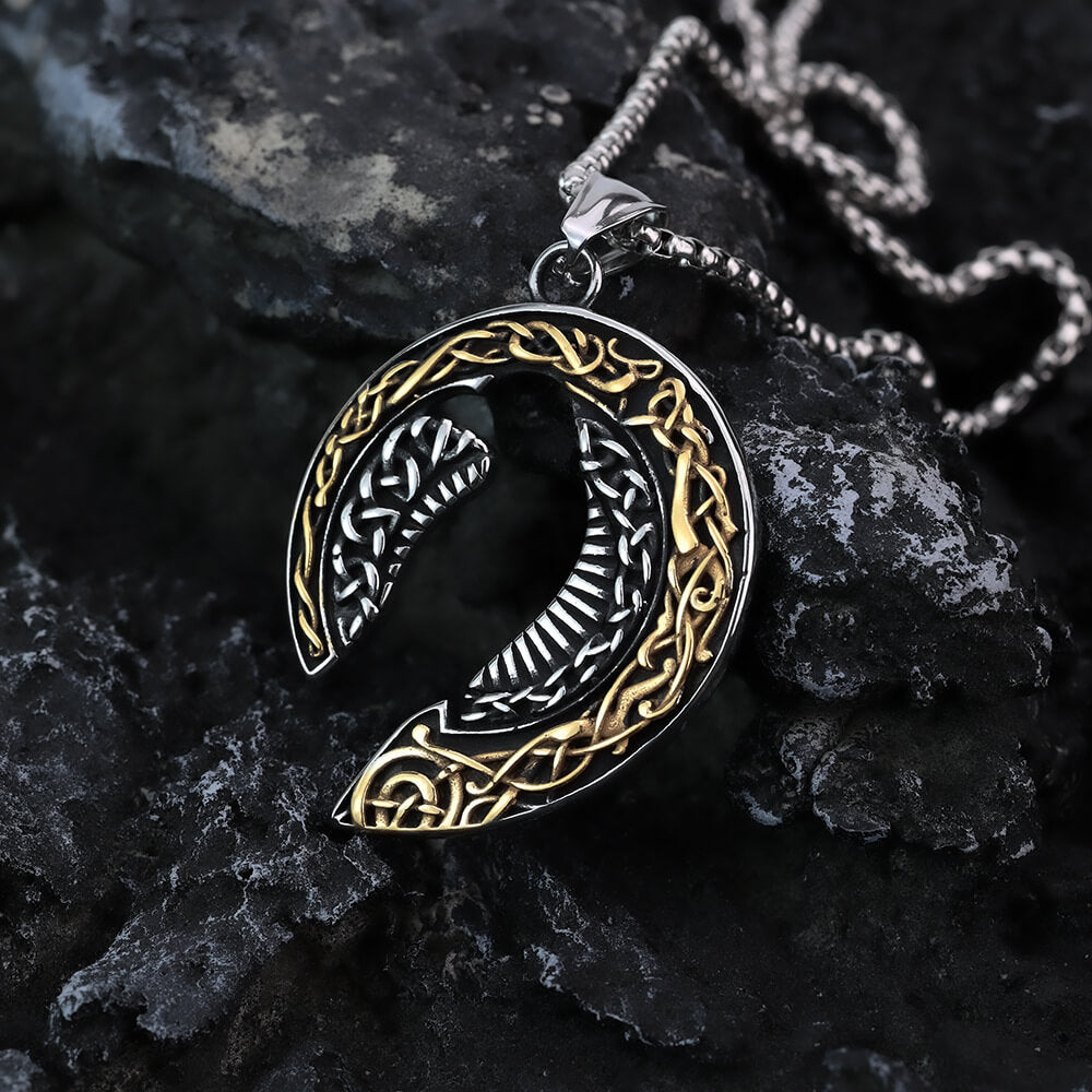 Men's Steel Vintage Celtic Raven Crescent Pendant Necklace