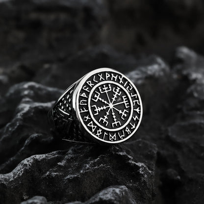 Vintage Nordic Stainless Steel Viking Rune Compass Round Ring for Men
