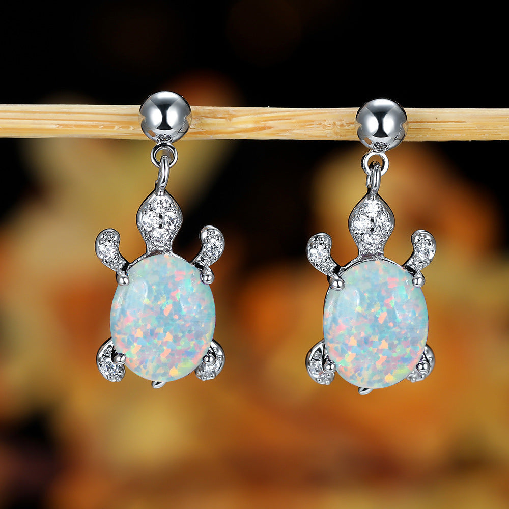 Women's Turtle Design Dangle Earrings Inlaid with Blue Opal, White Opal, Green Opal and Round Zirconia
