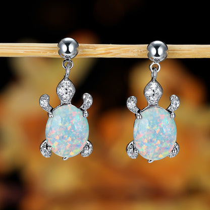 Women's Turtle Design Dangle Earrings Inlaid with Blue Opal, White Opal, Green Opal and Round Zirconia