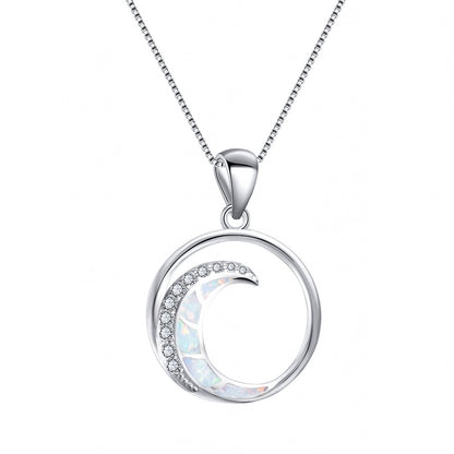 925 Silver Opal White Diamond Crescent Shaped Smooth Circle Pendant Necklace