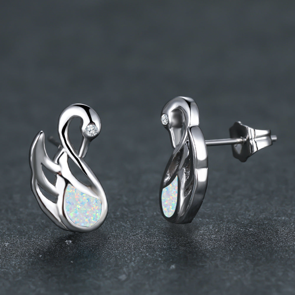Women's Swan‑Shape Teardrop Opal With Zirconia Accent Stud Earrings, with White Gold Plating