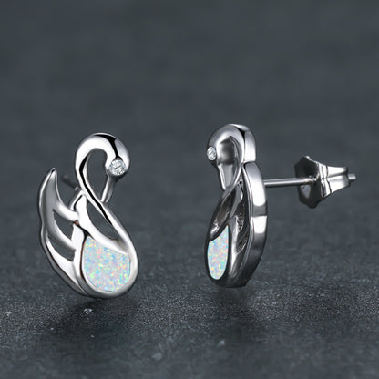 Women's Swan‑Shape Teardrop Opal With Zirconia Accent Stud Earrings, with White Gold Plating