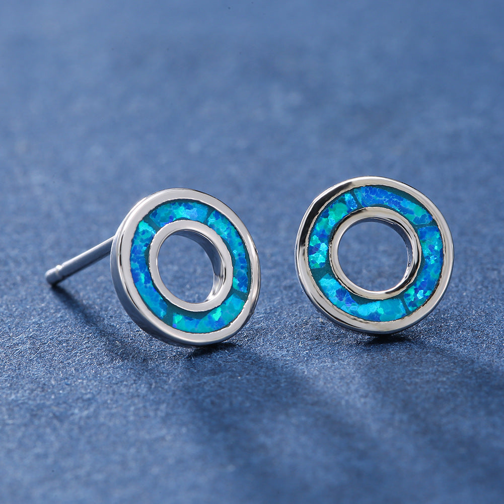 Women's Hollow Circle Stud Earrings, Blue Opal / White Opal Inlay, with White Gold Plating