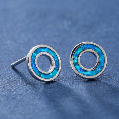 Women's Hollow Circle Stud Earrings, Blue Opal / White Opal Inlay, with White Gold Plating