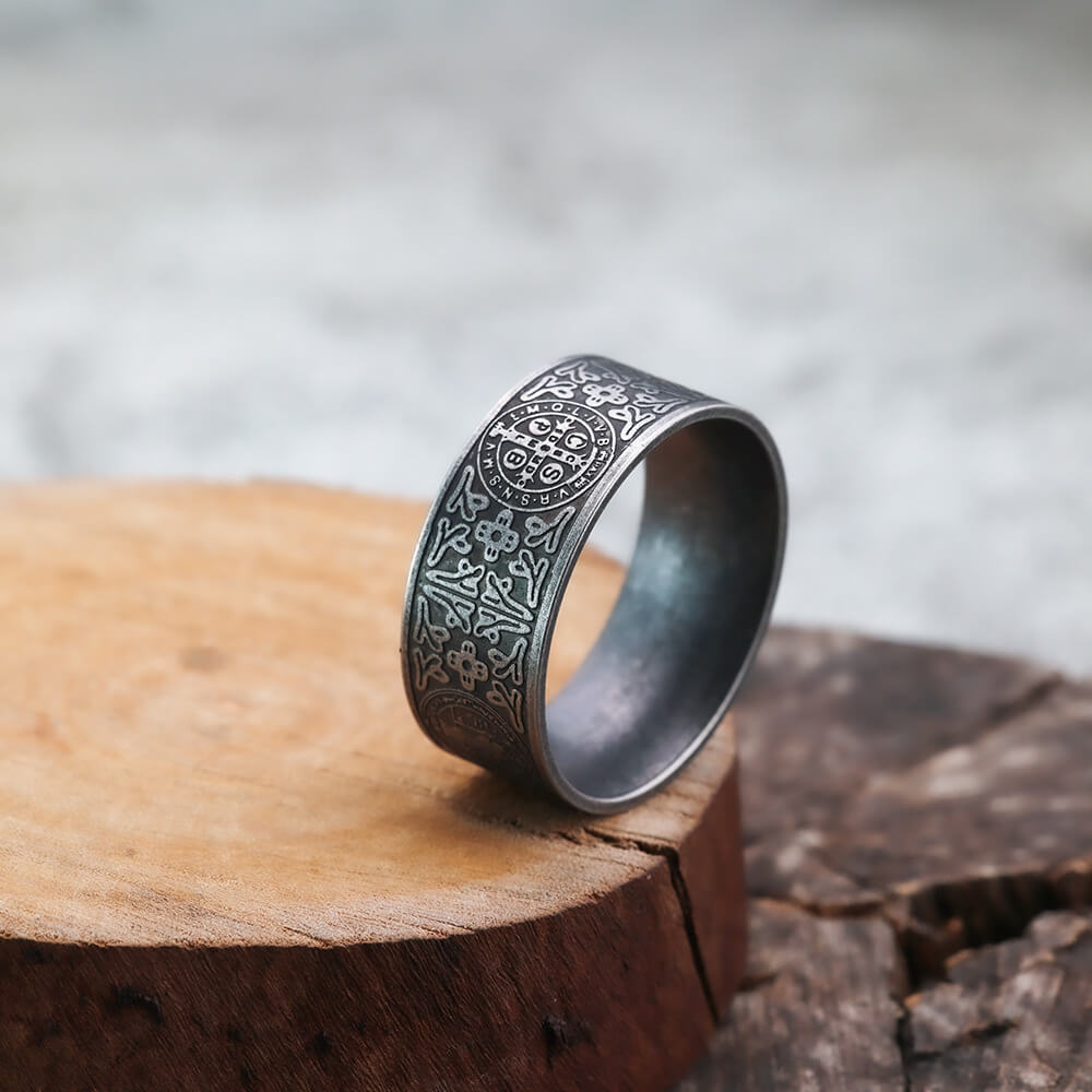 Vintage Solid Stainless Steel Dark Circle Saint Benedict Cross Ring for Men