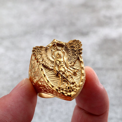 Vintage Solid Stainless Steel Punk St. Michael Dragon Slayer Ring for Men