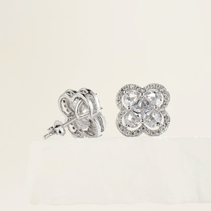 Women's Four‑Petal Flower Stud Earrings, Clear Center Stone with Zirconia Halo, S925 with White Gold Plating